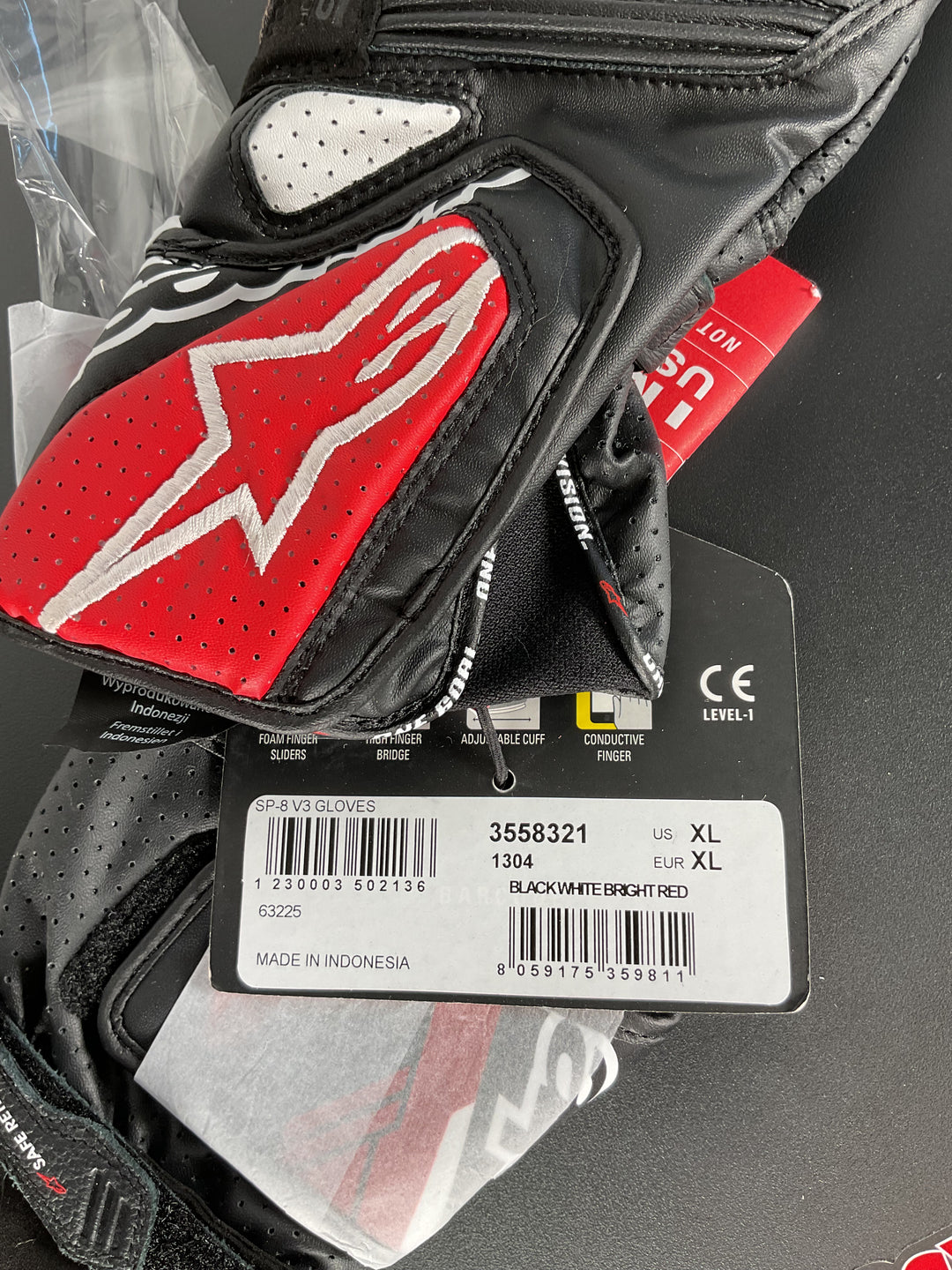 Alpinestars SP-8 V3 Leather Gloves - Black/White/Bright Red - Size XL - USED LIKE NEW