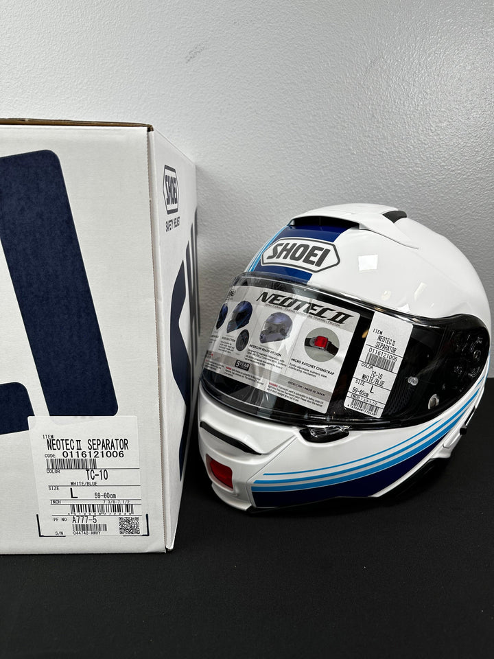 Shoei Neotec II Separator Modular Helmet - TC-10 White/Blue/Red - Size Large - OPEN BOX - Motor Psycho Sport